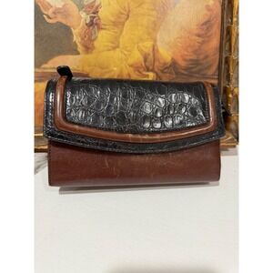 Vintage Brahmin‎ Brown Leather Tri-Fold Wallet – Black Croc Embossed Trim